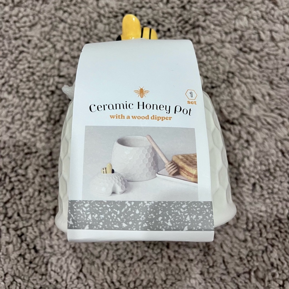 Ceramic Bee Themed Honey Pot with Wood Dipper
